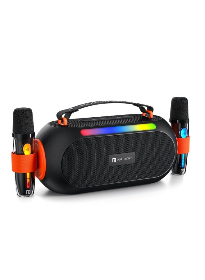 بورترونيكس Portronics 25W Apollo 20 Wireless Bluetooth Portable Speaker with Dual Wireless Karaoke Mic, 5 Hour Playtime, RGB LED Light, Bluetooth V5.4, Easy Grab Handle, USB-A Port, Type C Charging(Black) - Image 1